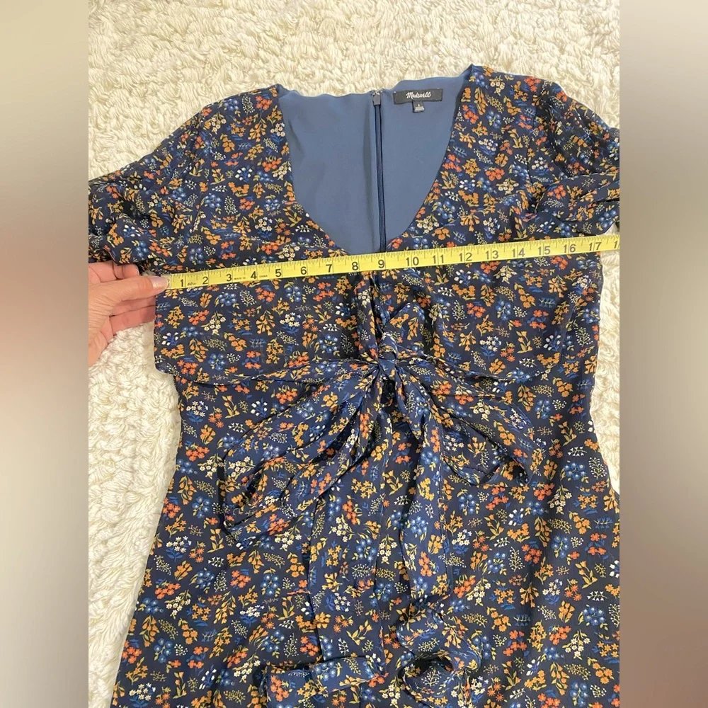 Madewell Blue Floral Mini Dress with Bow Detail on Chest - Picture 9 of 9